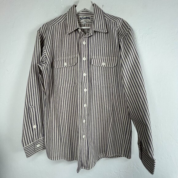The Stronghold Mens Striped Button-Up Shirt Large Long Sleeve Blue white Pockets - Picture 1 of 7